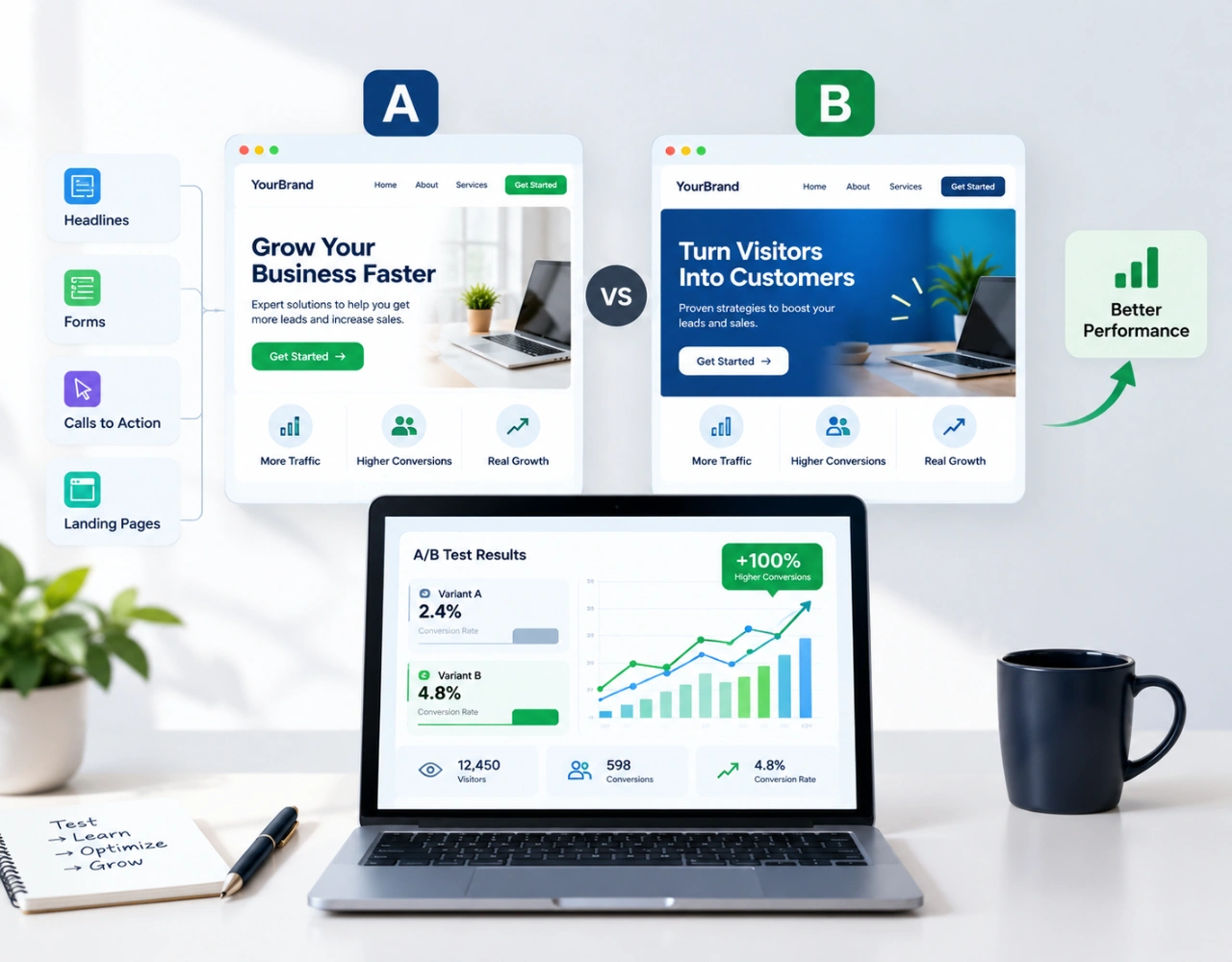 A/B testing and split testing for landing pages, headlines, forms, and calls to action