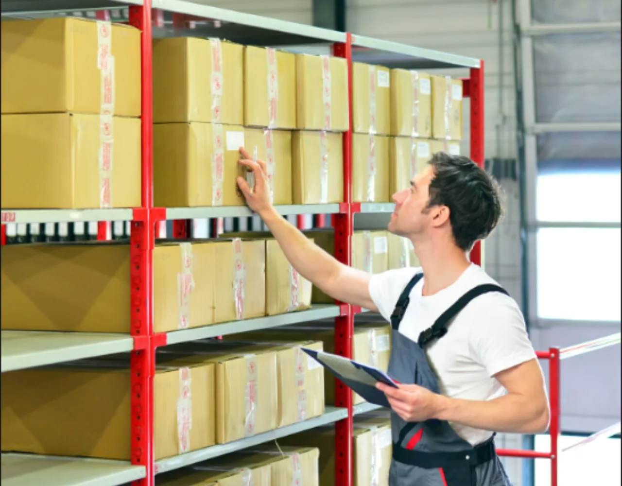 Wholesale distribution warehouse with organized inventory racks and order picking for B2B customers