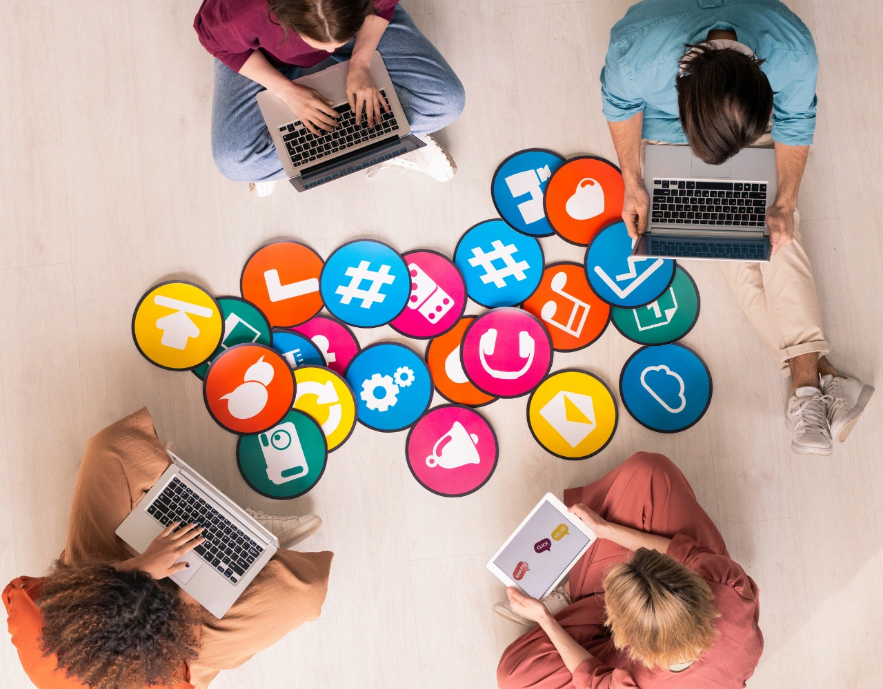 Social media specialists creating engaging posts graphics and content for business audiences