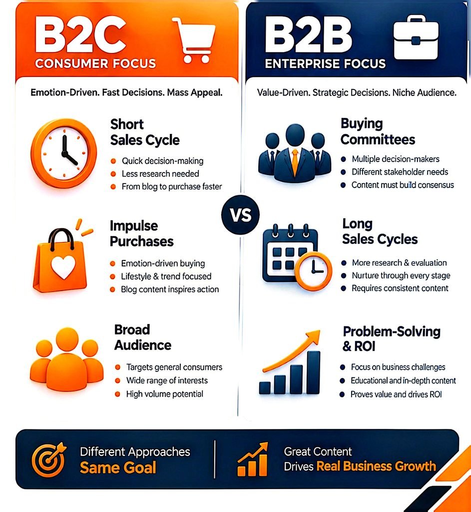Infographic comparing B2C vs B2B marketing.

*Left - B2C Consumer Focus (orange header with shopping cart icon):*
Tagline: Emotion-Driven. Fast Decisions. Mass Appeal.
- *Short Sales Cycle:* Quick decision-making, Less research needed, From blog to purchase faster
- *Impulse Purchases:* Emotion-driven buying, Lifestyle & trend focused, Blog content inspires action
- *Broad Audience:* Targets general consumers, Wide range of interests, High volume potential

*Right - B2B Enterprise Focus (dark blue header with briefcase icon):*
Tagline: Value-Driven. Strategic Decisions. Niche Audience.
- *Buying Committees:* Multiple decision-makers, Different stakeholder needs, Content must build consensus
- *Long Sales Cycles:* More research & evaluation, Nurture through every stage, Requires consistent content
- *Problem-Solving & ROI:* Focus on business challenges, Educational and in-depth content, Proves value and drives ROI

Footer banner: "Different Approaches Same Goal | Great Content Drives Real Business Growth"