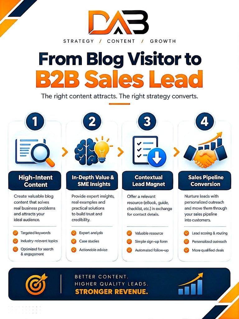 Infographic titled "From Blog Visitor to B2B Sales Lead" by DAB (Strategy / Content / Growth). Subtitle: "The right content attracts. The right strategy converts."

Four steps left to right:

*1. High-Intent Content*
Create valuable blog content that solves real business problems and attracts your ideal audience.
- Targeted keywords
- Industry-relevant topics
- Optimized for search & engagement

*2. In-Depth Value & SME Insights*
Provide expert insights, real examples and practical solutions to build trust and credibility.
- Expert analysis
- Case studies
- Actionable advice

*3. Contextual Lead Magnet*
Offer a relevant resource (eBook, guide, checklist, etc.) in exchange for contact details.
- Valuable resource
- Simple sign-up form
- Automated follow-up

*4. Sales Pipeline Conversion*
Nurture leads with personalized outreach and move them through your sales pipeline into customers.
- Lead scoring & routing
- Personalized outreach
- More qualified deals

Footer banner: "BETTER CONTENT. HIGHER QUALITY LEADS. STRONGER REVENUE."