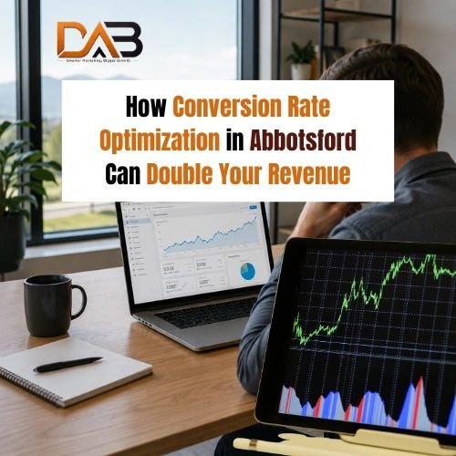 Person analyzing website analytics and revenue growth charts on laptop and tablet for Conversion Rate Optimization services in Abbotsford by Digital Agency of British Columbia DAB
