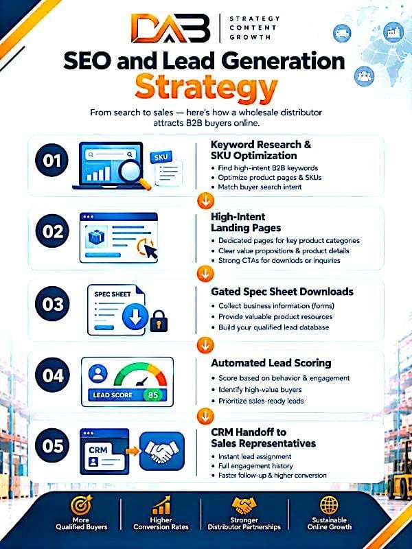 Infographic showing 5-step SEO and lead generation strategy for wholesale distributors including keyword research landing pages and CRM handoff