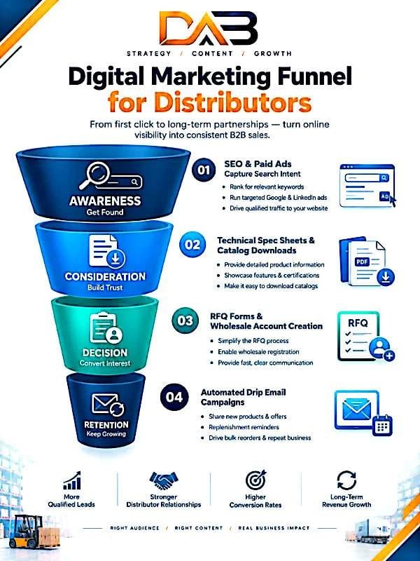 Digital marketing funnel infographic for distributors showing 4 stages awareness consideration decision retention from SEO to automated email campaigns