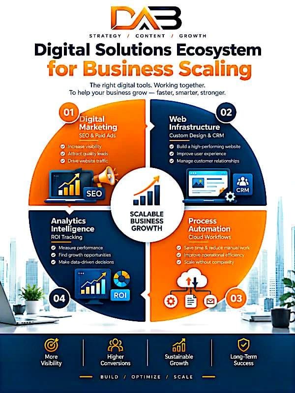Infographic by DAB - Digital Solutions Ecosystem for Business Scaling - 4 pillars: 01 Digital Marketing SEO & Paid Ads, 02 Web Infrastructure Custom Design & CRM, 03 Process Automation Cloud Workflows, 04 Analytics Intelligence ROI Tracking. Center text Scalable Business Growth.